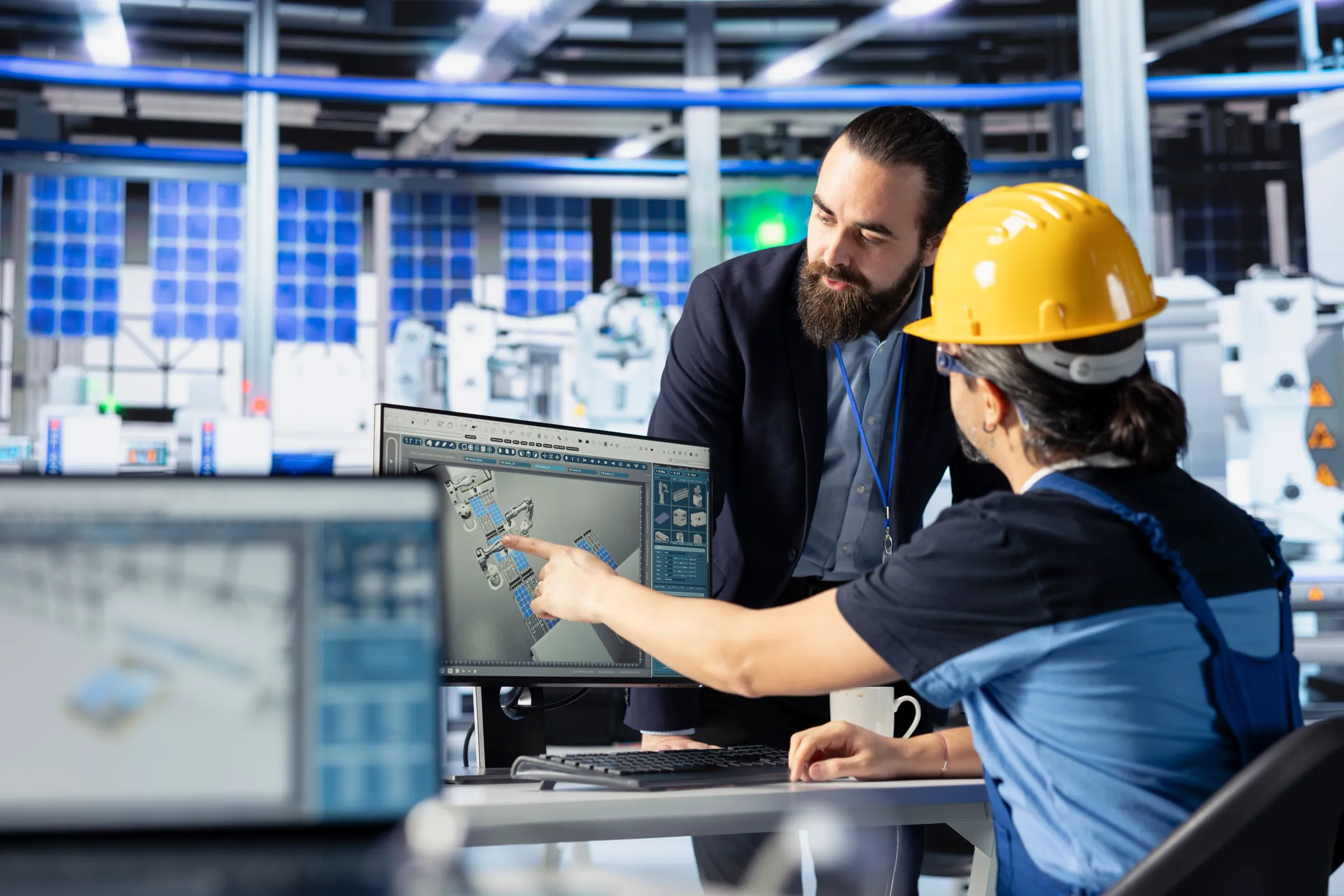 Manufacturing team reviewing industrial design on a monitor