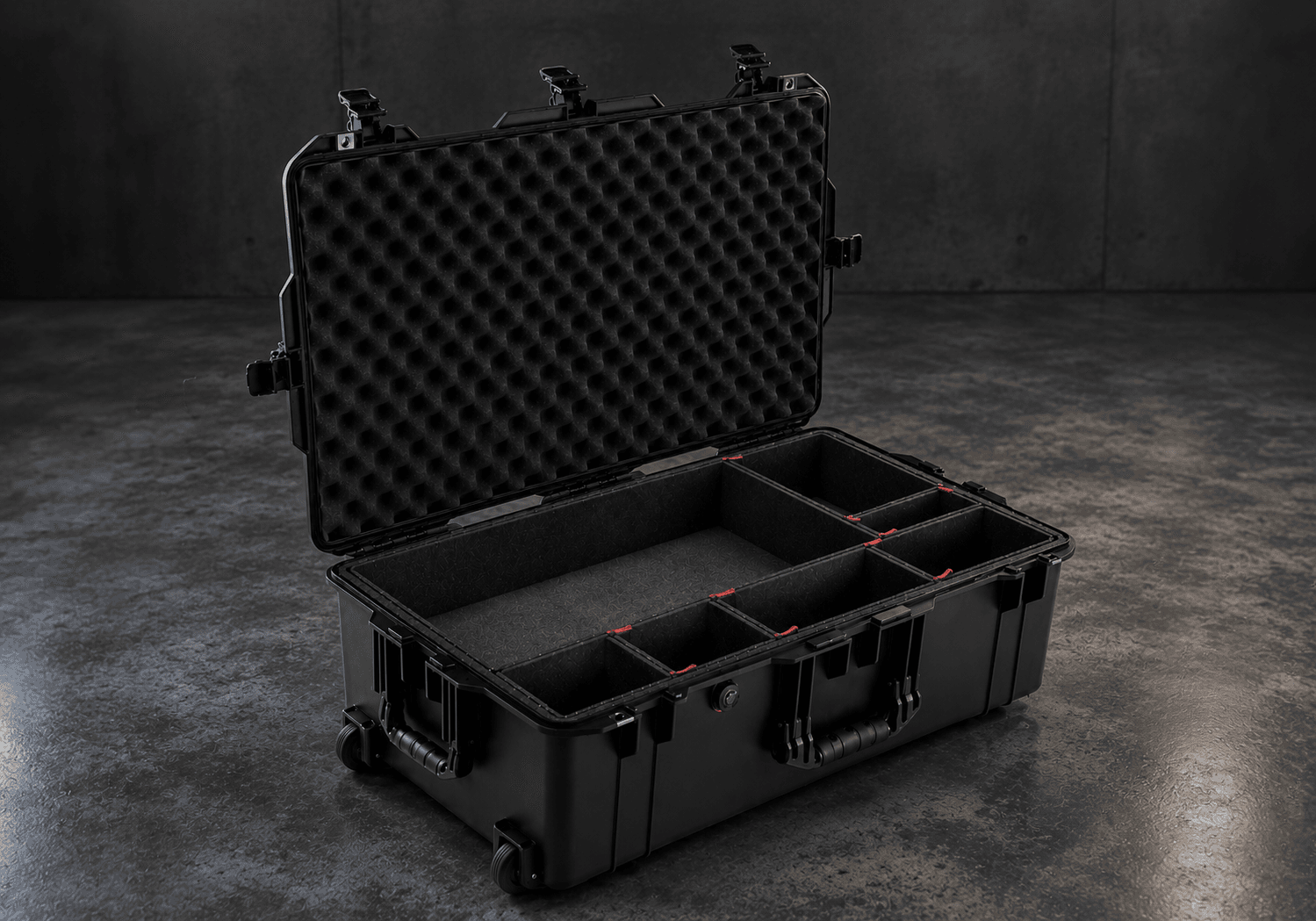 Open protective hard case with custom foam insert compartments