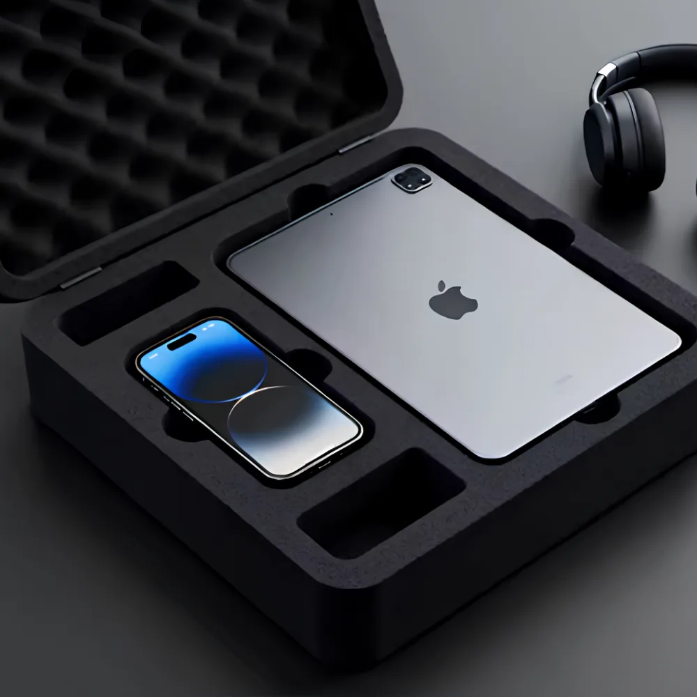 Phone and tablet protected in a custom black foam insert