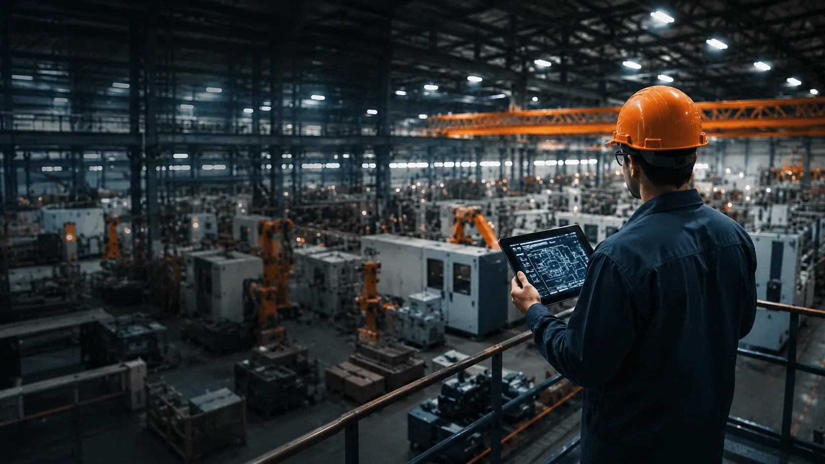 Industrial factory floor with engineer reviewing operations on a tablet