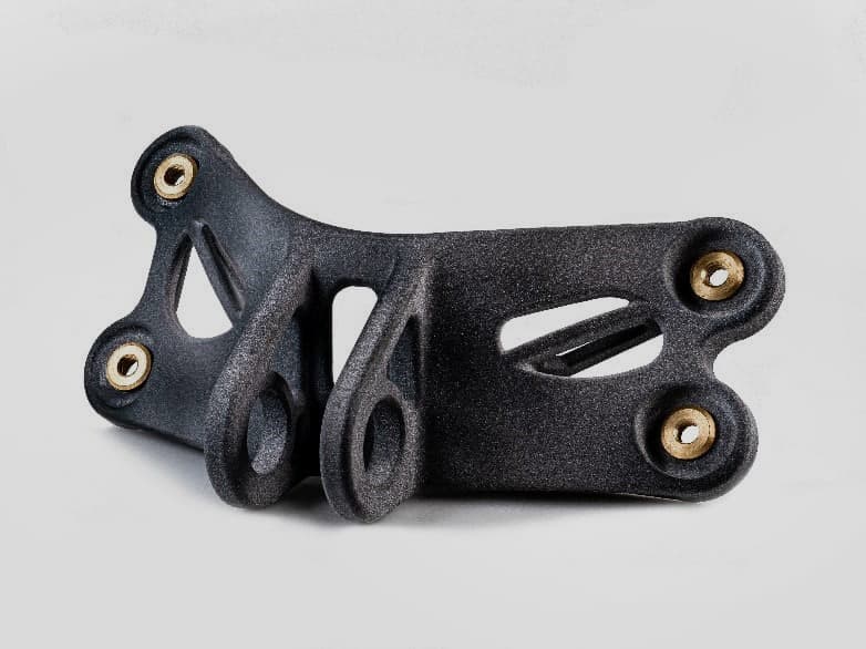 Black 3D printed plastic bracket with metal threaded inserts